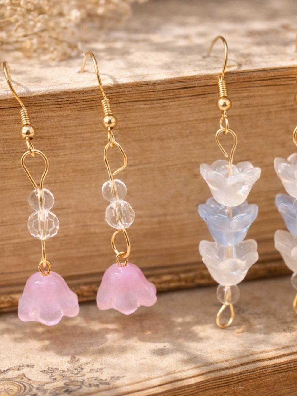 Gold-Tone Pink Flower Drop Earrings - Women Jewelry
